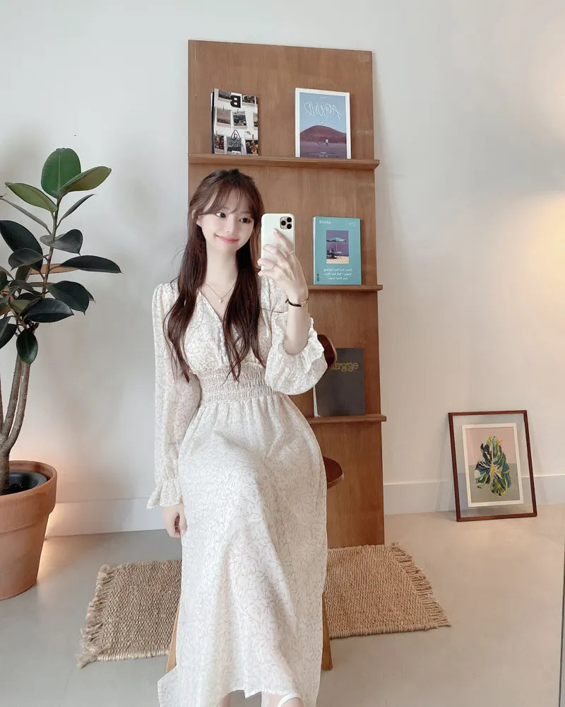 maoxiangshop Korean Floral Print Midi Dresses for Women Summer New Pleated Slim Waist V-neck Long Sleeves Chiffon Sweet Female Clothing