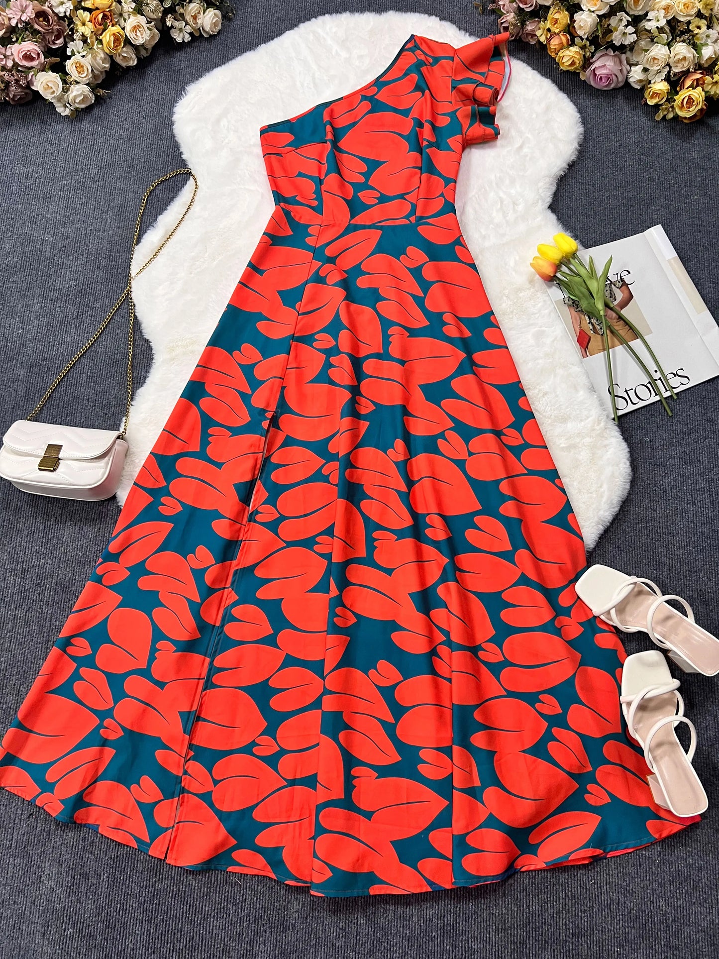 maoxiangshop Women's Elegant Floral Printed Long Dresses, Casual Strapless, A Line Dresses, Ladies Side Split, Summer