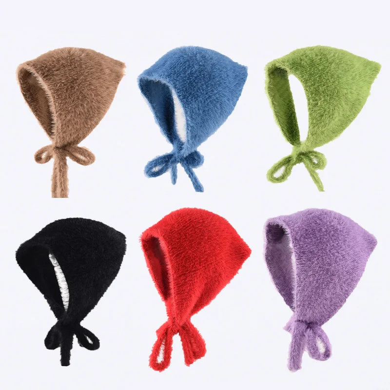 maoxiangshop - Autumn Winter Plush Triangle Scarf for Women Girls Sweet Warm Lace-Up Beanies French Fleece Knitted Bonnet Headscarf Accessories