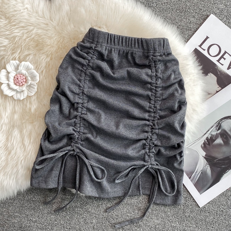 maoxiangshop Draw String Cotton Mini Skirt Girls Summer Elastic Waist Grey Black Split Folds Skirts Women Sexy Bottoms