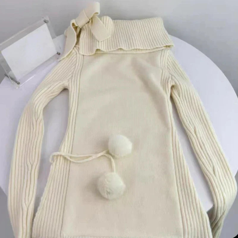 maoxiangshopWinter Kawaii Sweet 2 Piece Set Woman Off Shoulder Bow Knitted Tops + Mini Cake Skirt Female Korean Fashion Casual Suit 2024 New