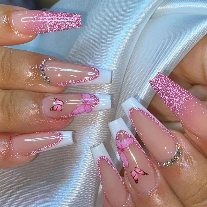 maoxiangshop 24pcs Long Coffin Purple False Nails Ballet Simple Glitter with Glue French Design Wearable Fake Nails Artificial Nail Tips