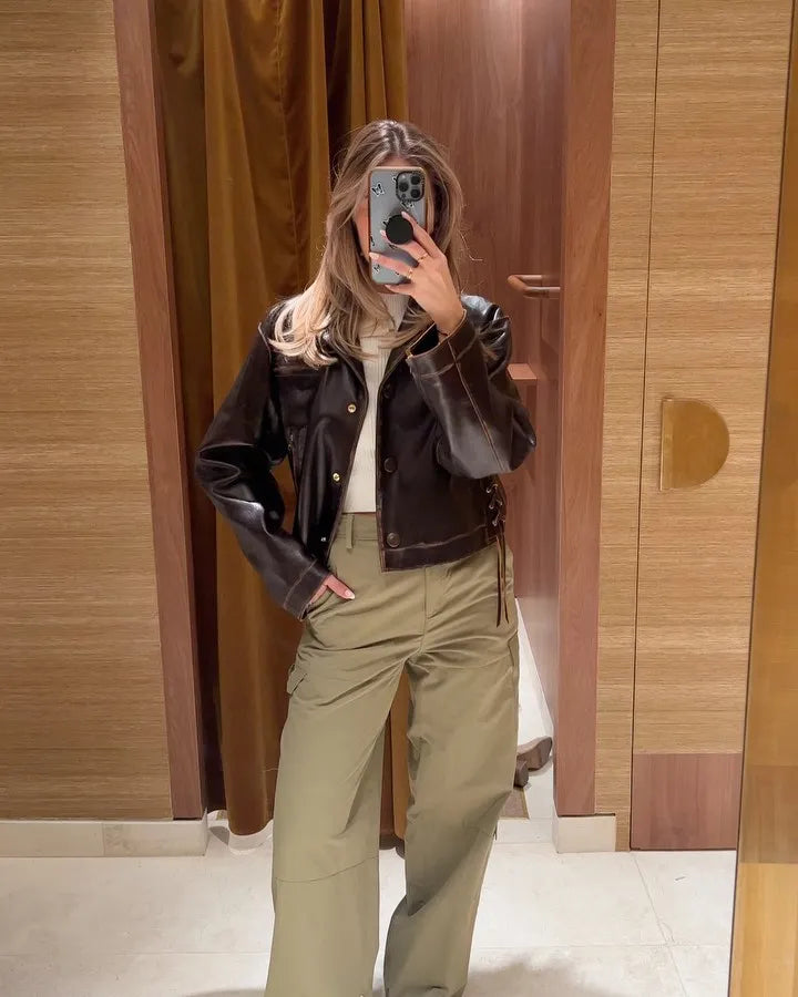 maoxiangshop - Fashion Pu Leather Brown Lapel Jacket Casual Long Sleeve Single Breasted Office Coat 2024 Autumn Chic High Street Lady Outwears