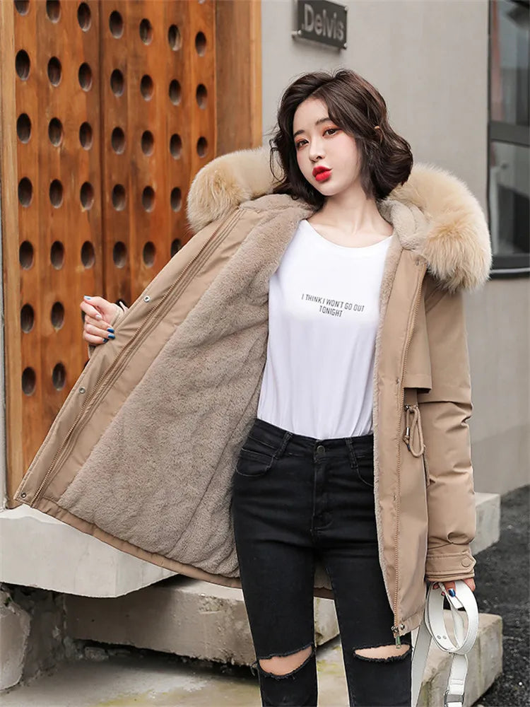maoxiangshop Winter Coat Low Price On Sale Women Beige Add Wool Thick Warmth Fur Hooded Parkas Jacket New Fashion Belt Slim Cotton Coat