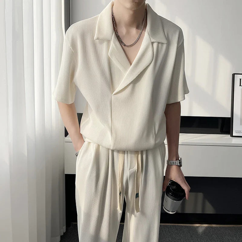 maoxiangshop Summer Pleated Sets Men Fashion Casual Short Sleeved T shirt/Trousers Two-piece Mens Korean Loose Ice Silk Sets Men 3-color