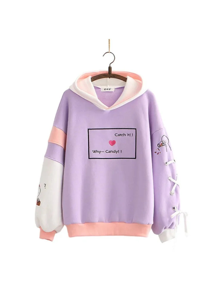 Women Hoodies And Sweatshirts Cartoon Tetter Embroidery Long Sleeve Hooded Pullover Tracksuits Sweet Style Female Tops