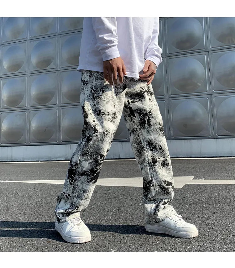 maoxiangshop Mens Fashion Printed jeans Spring Mopping Trousers Jeans Korean Style High Street Loose Hip Hop Wide-leg Jean Pants