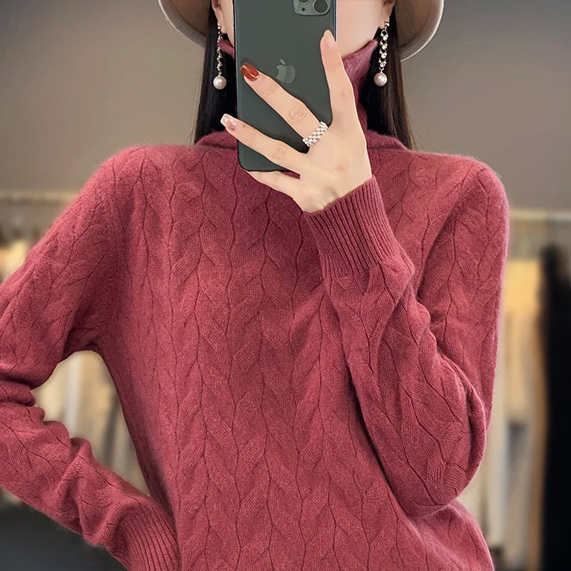 Autumn Winter Women's Soft Wool Sweater Pile Collar Twisted Thickened Pullover Casual Basis Top Cashmere Female Knitwear