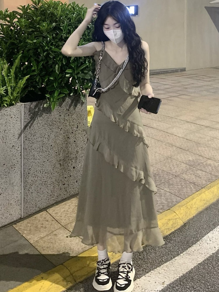 maoxiangshop Dresses Women Ruffles Design Daily Pure Sexy Spaghetti Strap Elegant Casual Korean Style Retro Summer Ladies Midi Vestidos Chic