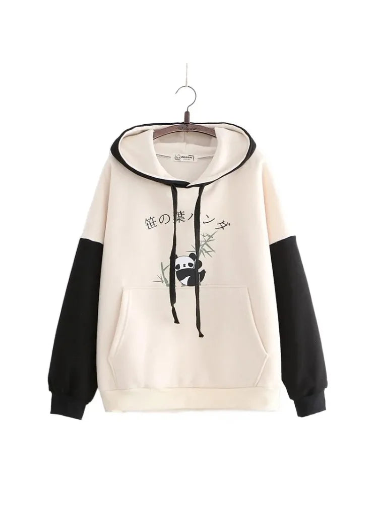 maoxiangshop Panda Print Kawai Cute Women Hoodies Drawstring Cotton Hooded Sweatshirt Winter Sweet Style Long Sleeve Korean Ladies Tops