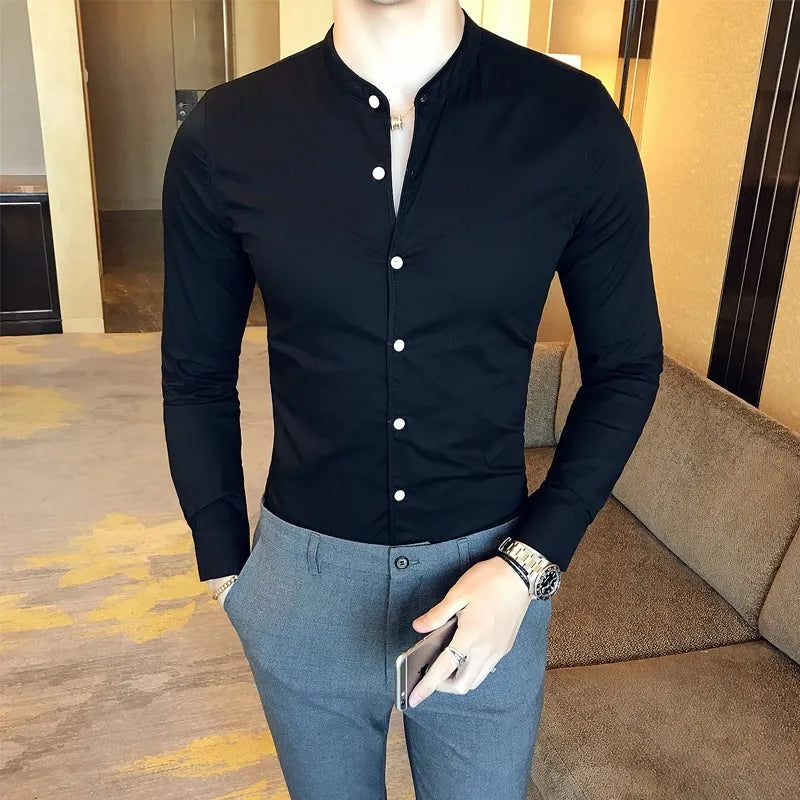 maoxiangshop Men Slim Fit Shirt Autumn Cotton Solid Stand Collar Casual Business Long-sleeved Shirts Male Fashion Camisas Men Clothing