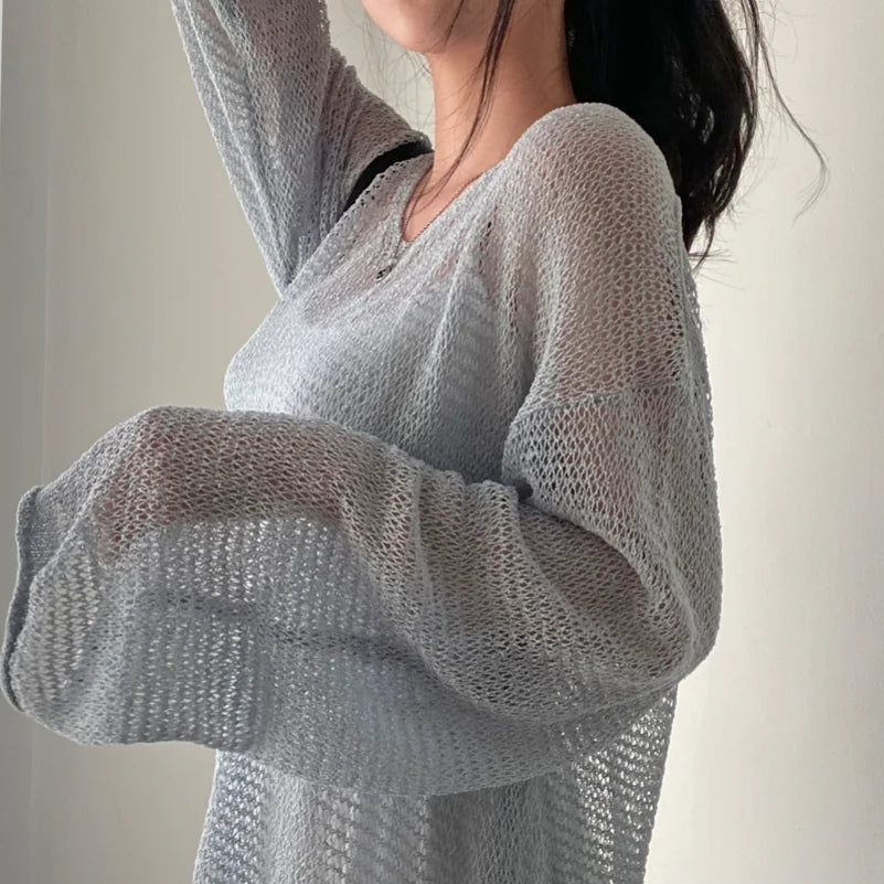 maoxiangshop-New Women Fashion Casual Streetwear Lazy Style Full Sleeves Jumpers Tops Hollow Out Sexy Women Chic Femme Sweaters Pullovers