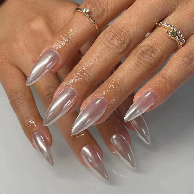 24Pcs Water-drop Almond Fake Nails Sharp Nails Set Press on Stiletto Glitter Silver False Nails Wearable Full Cover Nail Tips