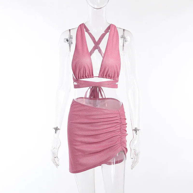 Summer Corss Bandage Low Cut Top And Skirts Two Piece Sets Women 2022 Glitter Sexy Club Outfits Female Pink Clothing 2 Pieces