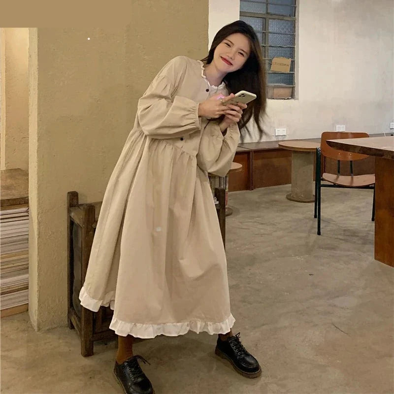 maoxiangshop Autumn New Korean Style Dress Women Ruffles Patchwork O Neck Long Sleeve Dresses Slim Waist Elegant Vestidos Mujer