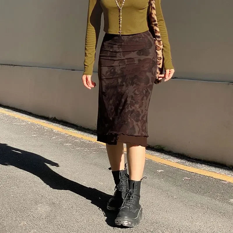 maoxiangshop - Harajuku Vintage Long Skirts Women Floral Print Gothic Retro Skirts Grunge Aesthetic Streetwear Punk A Line Midi Skirt