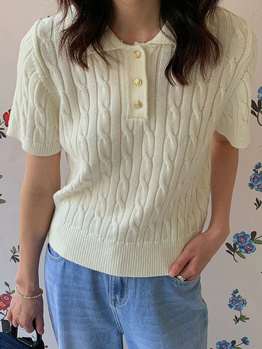 maoxiangshop - Korean Fashion Solid Knitted Short Sleeve 2024 Autumn New Women Turndown Collar Button Short T-shirt Simple Casual Slim Tops