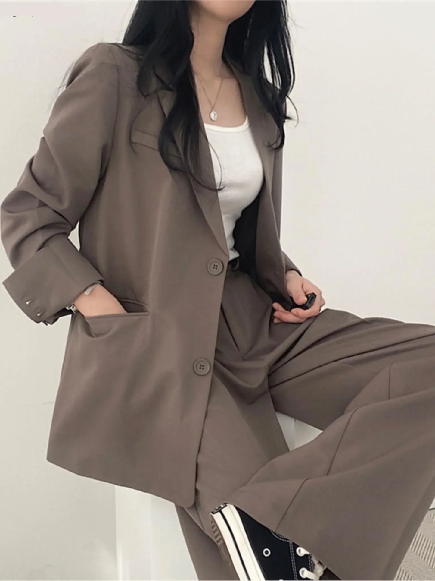 Korean Office Lady Fashion Blazer Suit Women's Two-Piece Set Casual Button Jacket Wide Leg Pants Outfits Work Clothes Autumn New