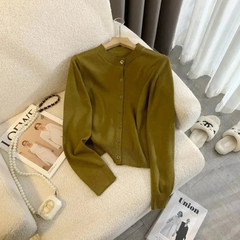 maoxiangshop - Knitted Slim Cardigan Women's Autumn Solid Single-Breasted Long-Sleeved Cardigan Top Casual Loose Short Knitted Cardigan