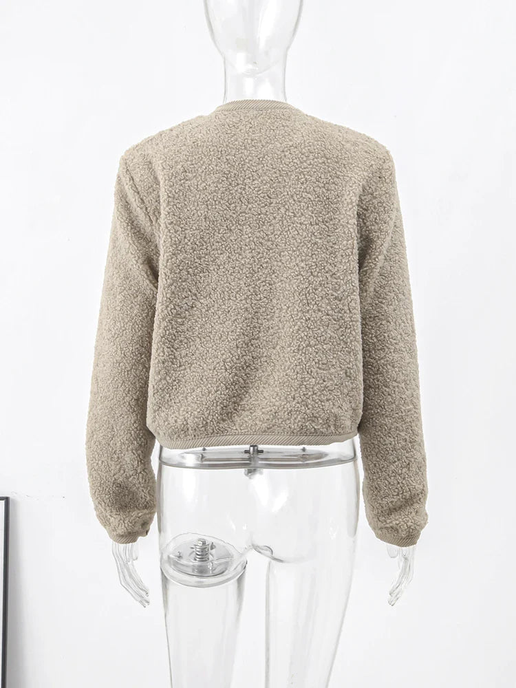 maoxiangshop - Fashion Lamb Wool Women Short Coats O-neck Long Sleeve Single Breasted Jackets Female Autumn Winter Office Lady Commuting Coat