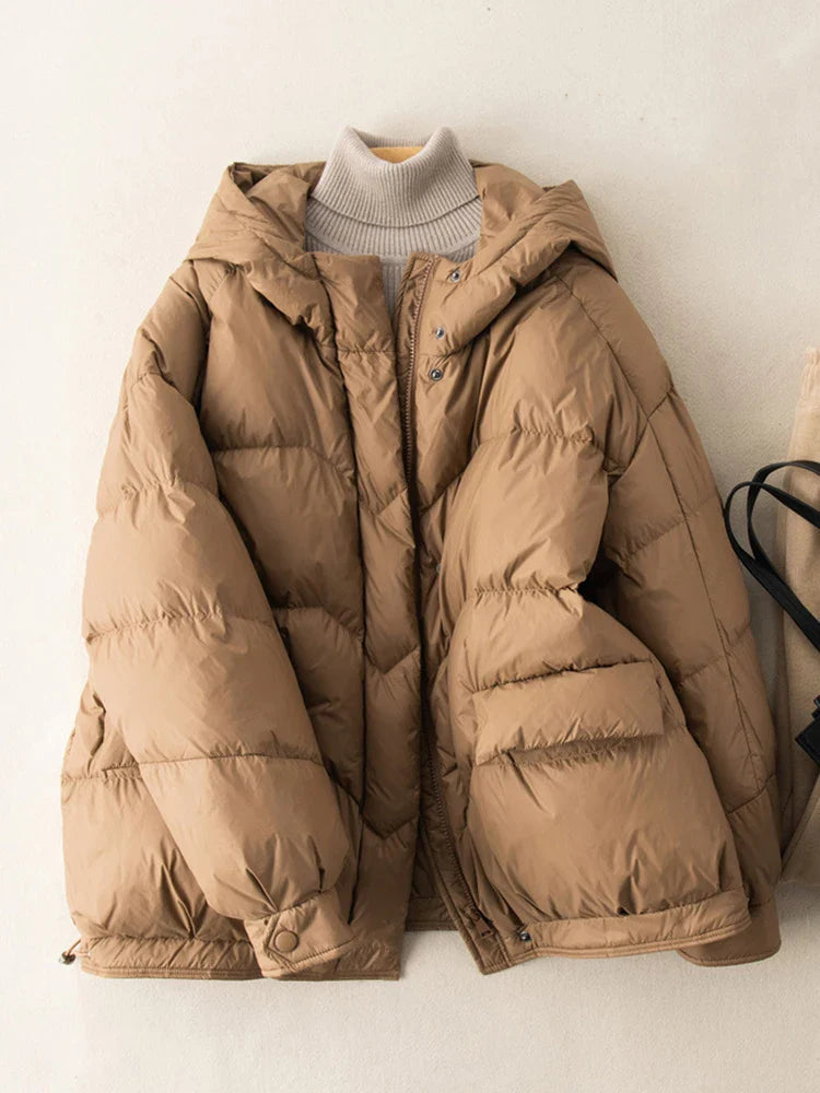 maoxiangshop Winter Oversize Duck Down Coat Women Fashion Warm Thick Hooded Jackets Black Autumn Casual Pocket Parkas