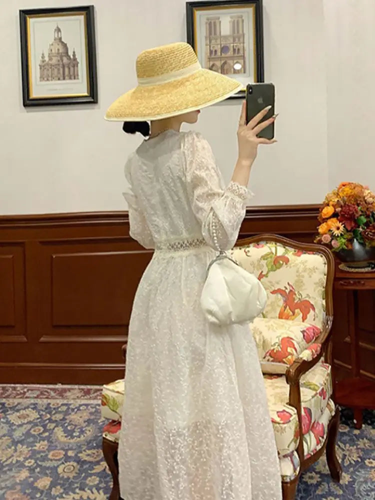 Summer Elegant Lace Fairy Dresses Women Embroidery Mesh Sweet Party Long Dress Female Elegant Korean Lolita Princess Dress