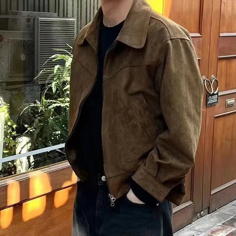 maoxiangshop Elegant Solid Brown Coat Men Spring Autumn High-End Loose Lapel New Zipper Short Jacket Vintage Streetwear Bomber Jacket