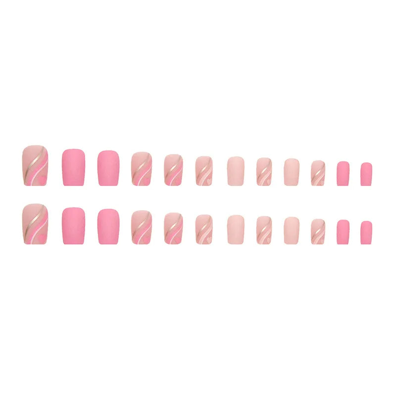 maoxiangshop 24Pcs Square Head False Nails with Glue Pink Wavy Line Design Fake Nails Artifical Finished Press on Nails Full Cover Nail Tips