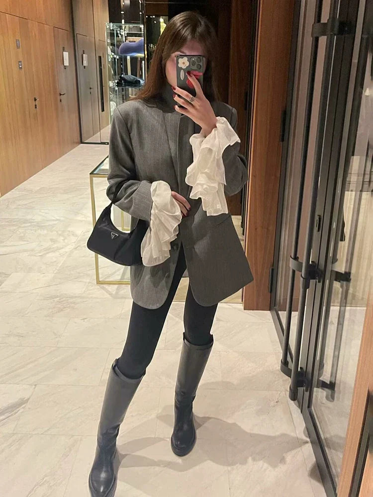 maoxiangshop - Fall New Striped Blazer Coat For Women With Detachable Splice Flare Long Sleeve Casual High Street Lapel Female Blazer