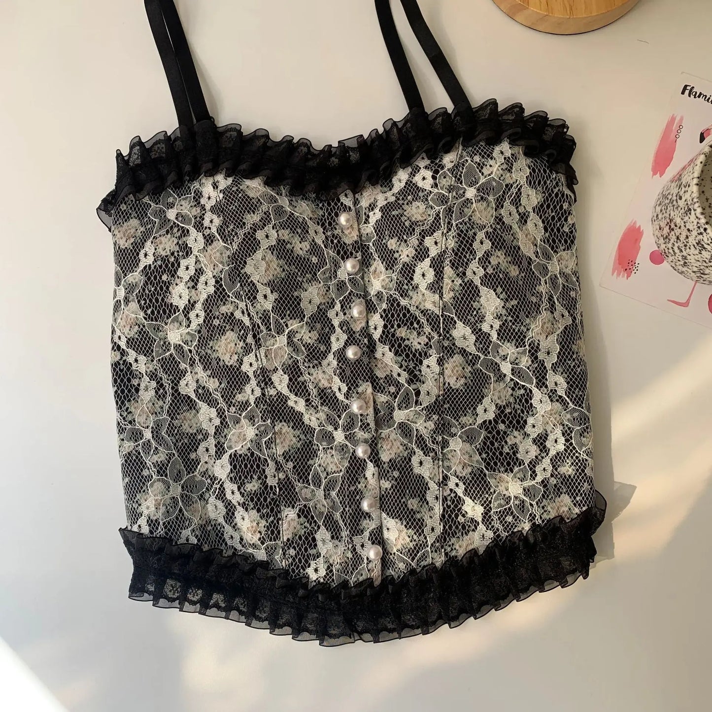 maoxiangshop-Lace Flower Print Cami Crop Tank Tops Summer Camisole Women's Tube Top Elegant Slim Short Tanks Vest Sexy Y2k Pearl