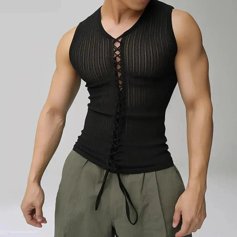 maoxiangshop Men Tank Tops Transparent Lace Up Mesh O-neck Sleeveless Male Vests Summer Streetwear 2024 Skinny Fashion Men Clothing