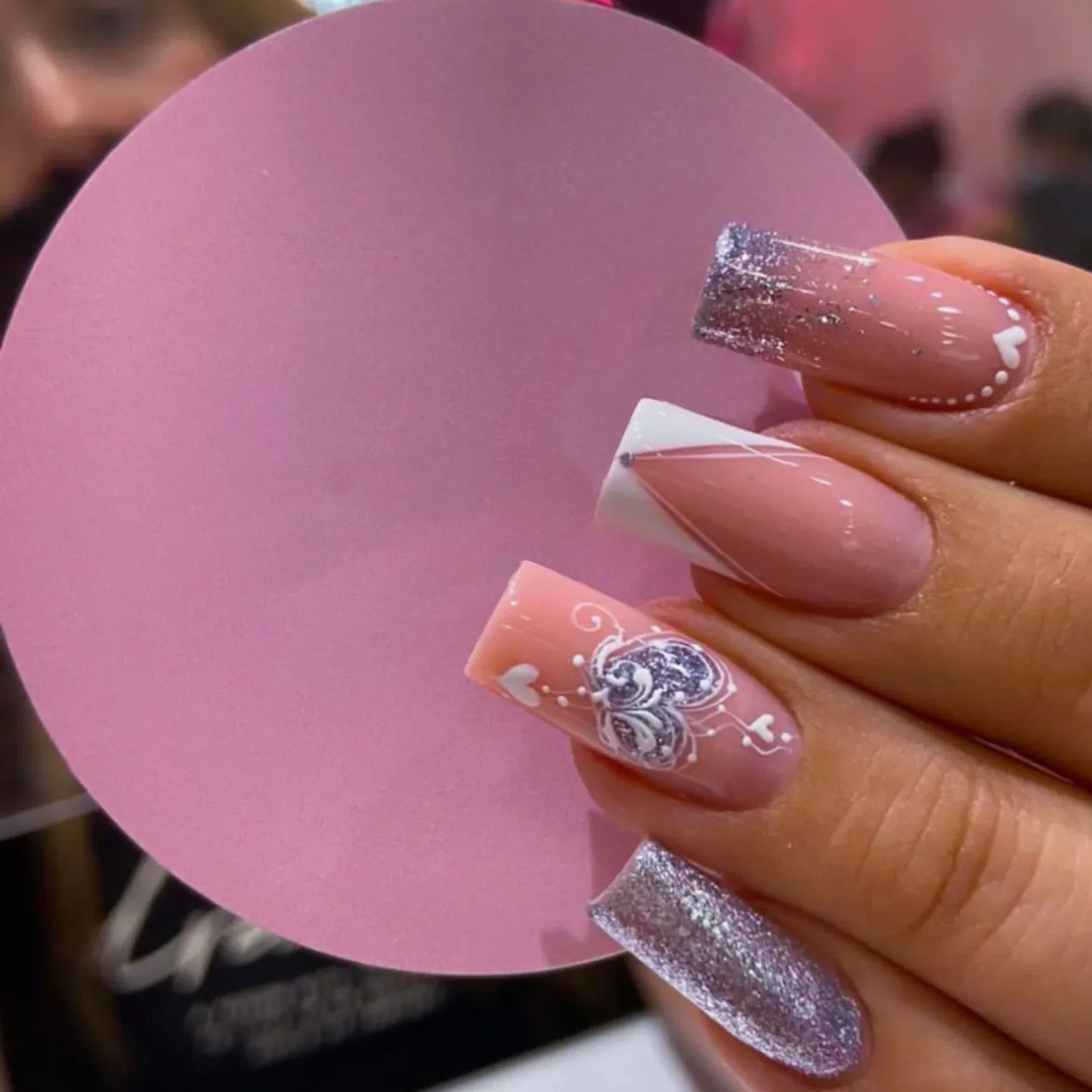 maoxiangshop 24pcs/set ballet short fake nails for Valentine's Day cute heart with glitters french white square tips press on false nail art