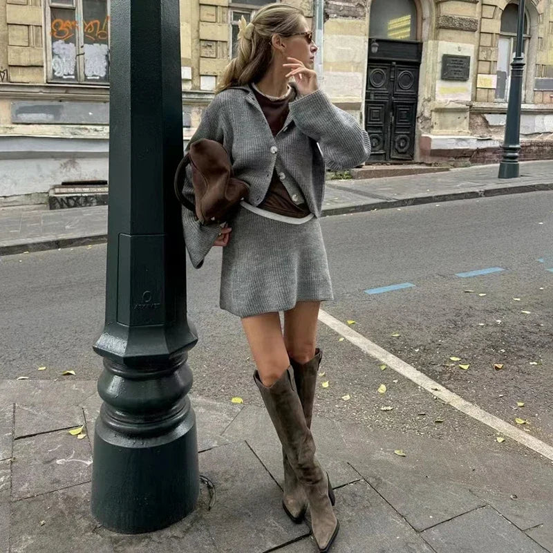 maoxiangshop - Women's Knitted Suit Lapel Flare Sleeve Cardigan Skirt Autumn Winter New Fashion Solid Slim Female Sweater Two Piece Sets