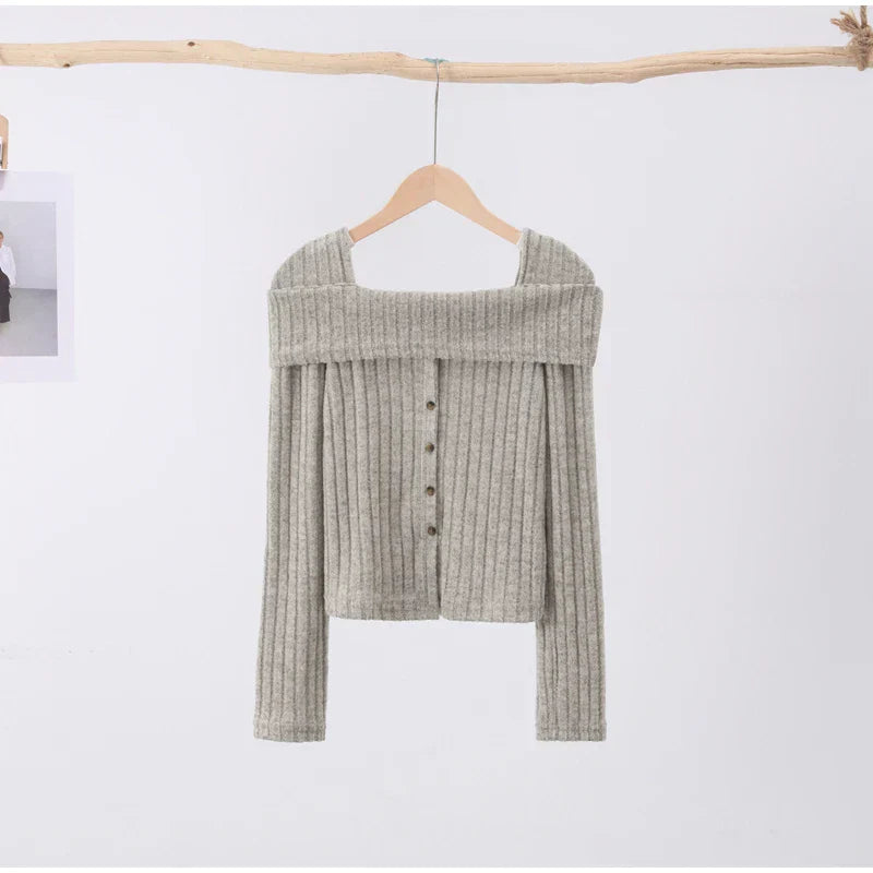 maoxiangshop-Off Shoulder Knit Pullover Women Chic Casual Slim Gentle Tops Female Spring New Square Neck Solid Long Sleeves Knitwears Lady
