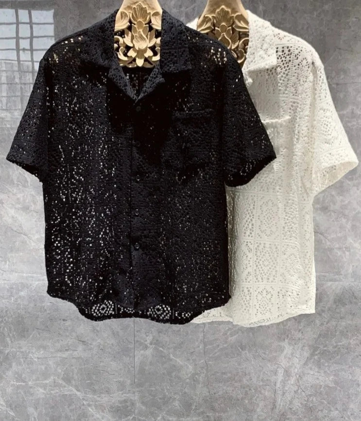 maoxiangshop Summer Mens Hollow Out Crochet Beach Shirt Short Sleeve Single Breasted Loose Fit Tops Vintage Breathable Night Clubwear Shirts