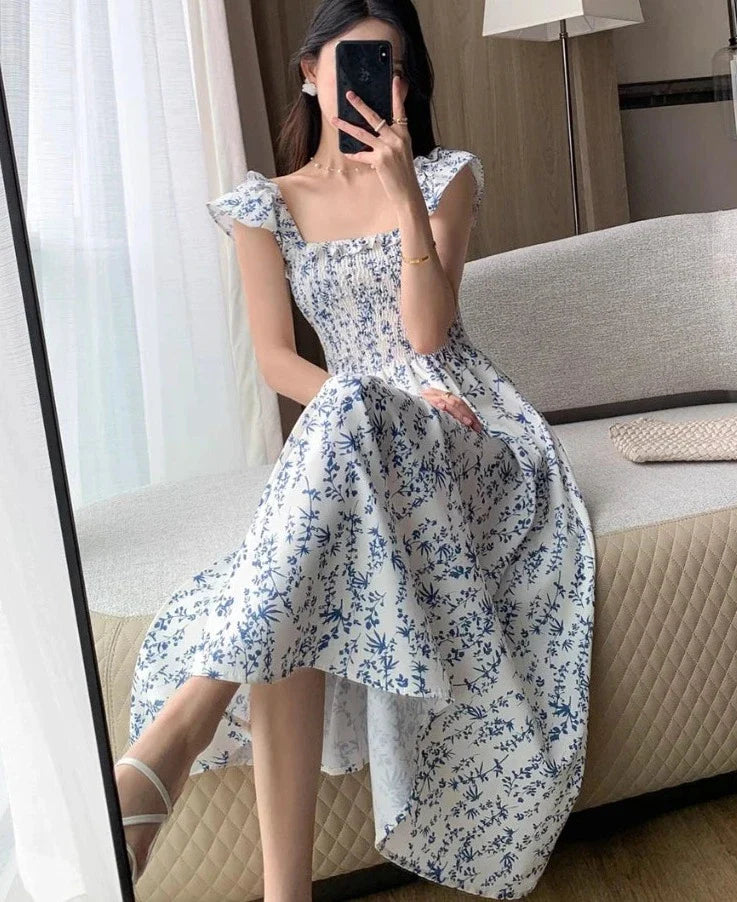 maoxiangshop Vintage Sexy Slash Neck Flying Sleeve Printing Floral Bodycon Dresses for Women Beach Sleeveless Dress Korea Fashion Summer