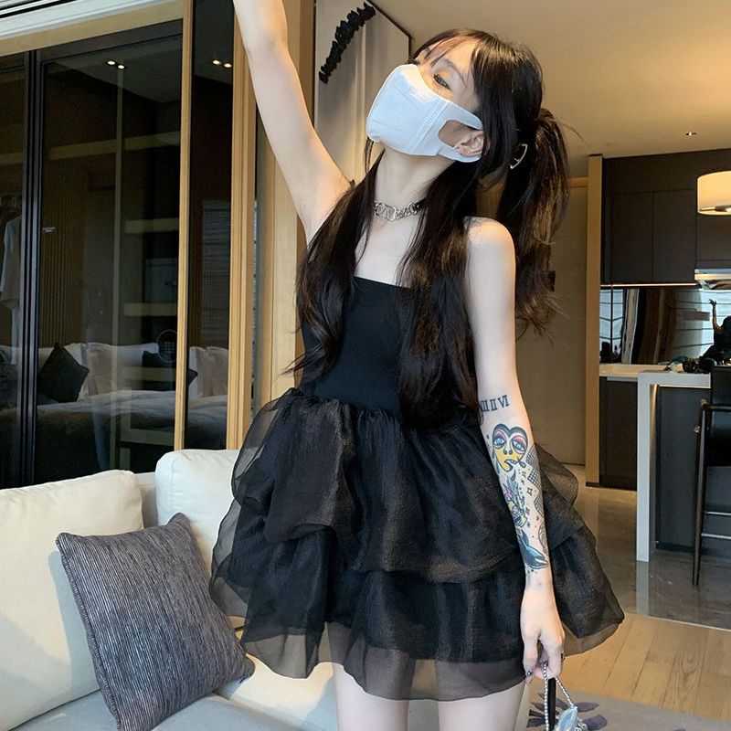 maoxiangshop Black Mini Dress for Women Mesh Spaghetti Strap Hotsweet Streetwear Chic Summer Y2k Gothic Vintage Vestidos Sexy Mujer Ball Gown