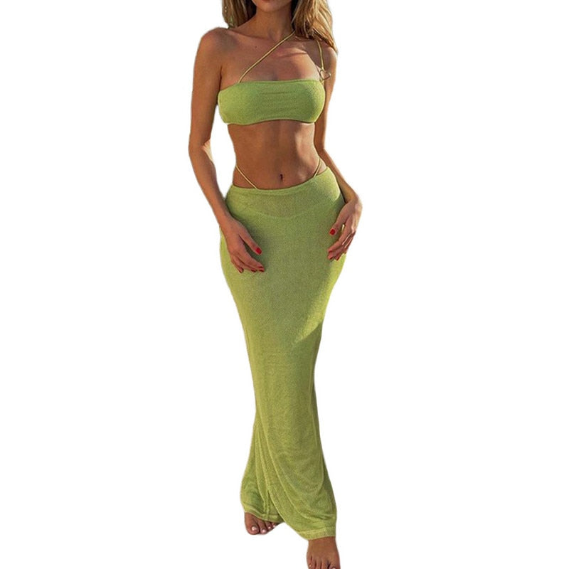 maoxiangshopTwo Piece Skirt Set Women's Suit y2k Clothes Summer Sexy Outfit Cropped Top and Split Skirt Chic Elegant Female Clothing