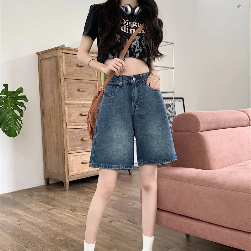 maoxiangshop Y2k Baggy Shorts Pants Women Summer Vintage Blue Wide Leg Denim Short Korean Fashion Casual Female Knee Length Jeans Mujer