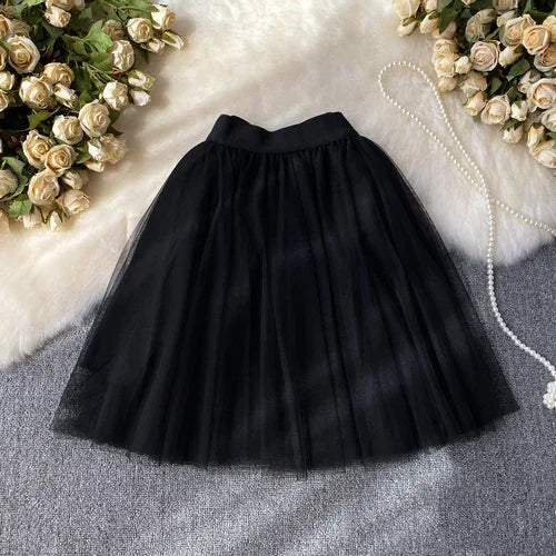 maoxiangshop Sweet Women Mini Skirt Mesh Solid Tierred Ruffles Elastic Waist Women's Clothing Almighty A-line Tulle Skirts Summer
