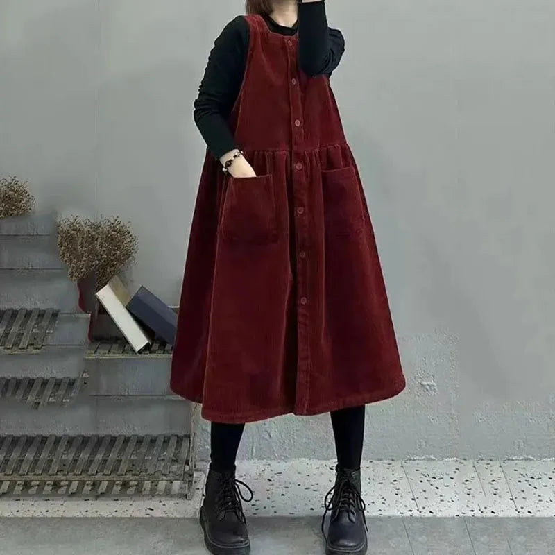 maoxiangshop New Spring Autumn Womens Corduroy Dress Vestidos Retro Fashion Femal Long Casual Dresses Single-Breasted Sleeveless Vest Dresses