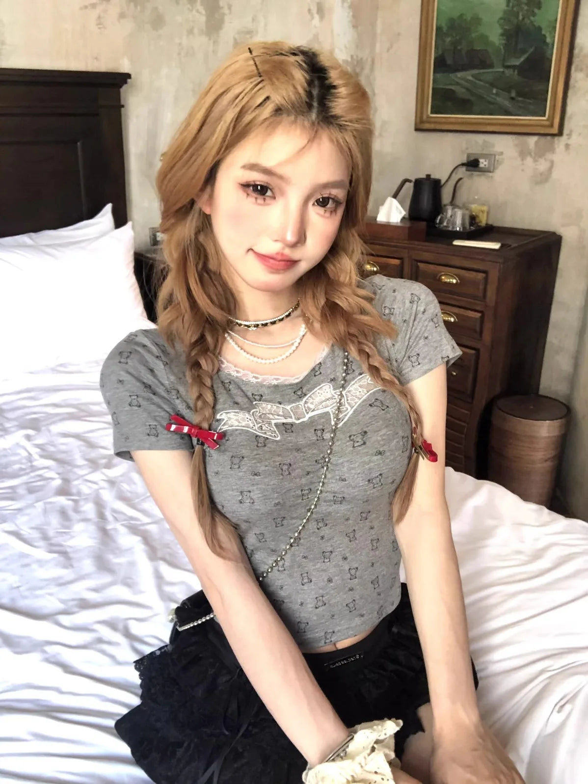maoxiangshop - 2024 Coquette Unique Kawaii Cute Bow Bear Print Crop Lace T Shirt Women Summer Fashion Japanese Sweet Girls Fashion Cropped Tops