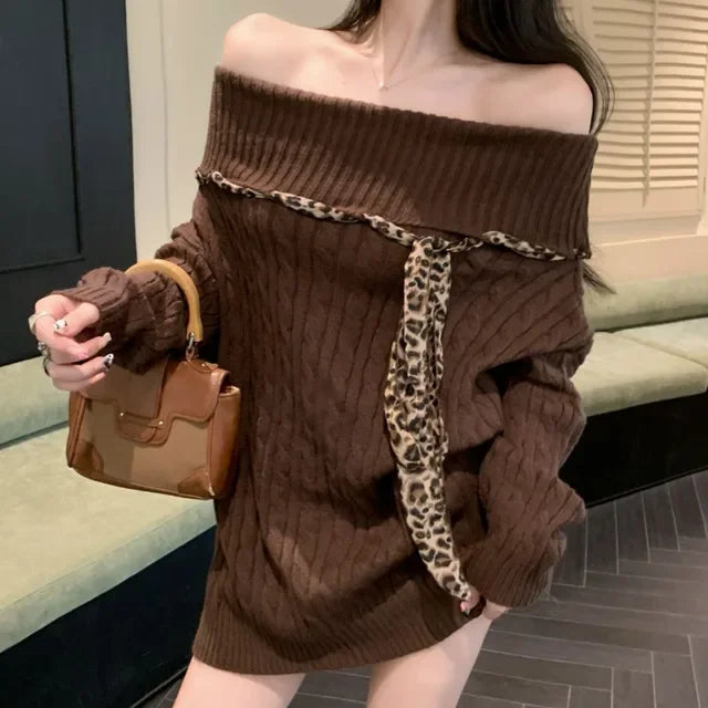 maoxiangshop - 2024 Autumn Woman's Tops Sweet Korean Bow Harajuku Soft Sweater Pullover Y2K Off The Shoulder Fashion Casual Loose Knitwear Top