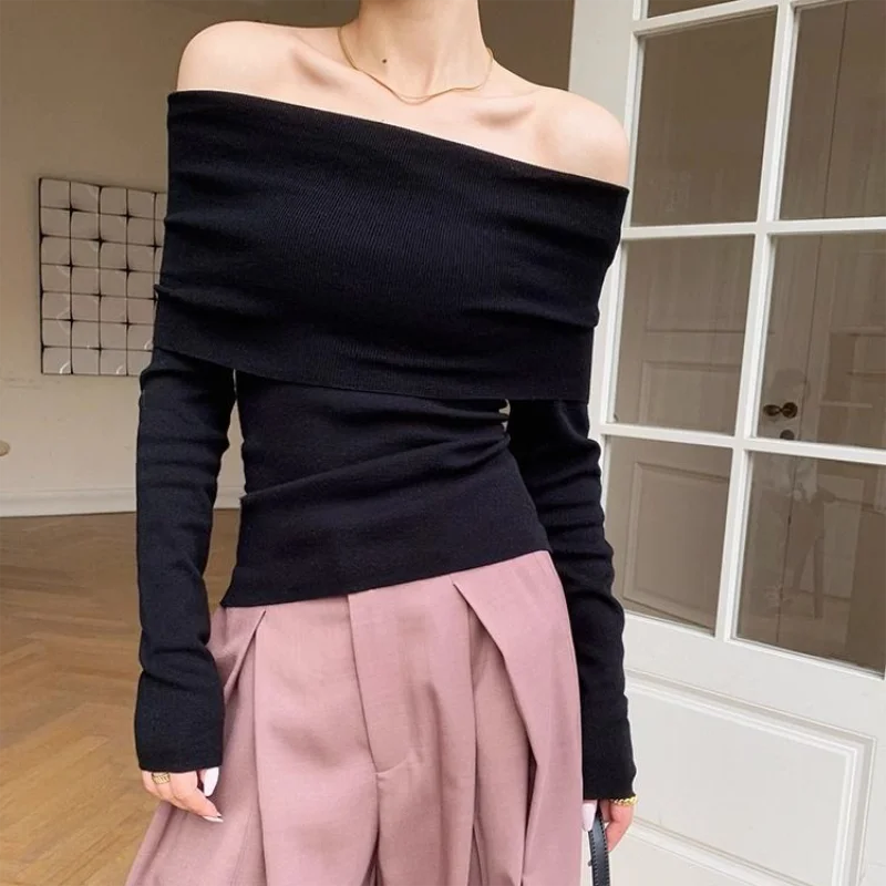 maoxiangshopBlack Solid Off Shoulder Elegant Long Sleeve Tops Korean Fashion Slim Sexy Cropped T Shirt Women Autumn Y2k Clothing Skinny Top