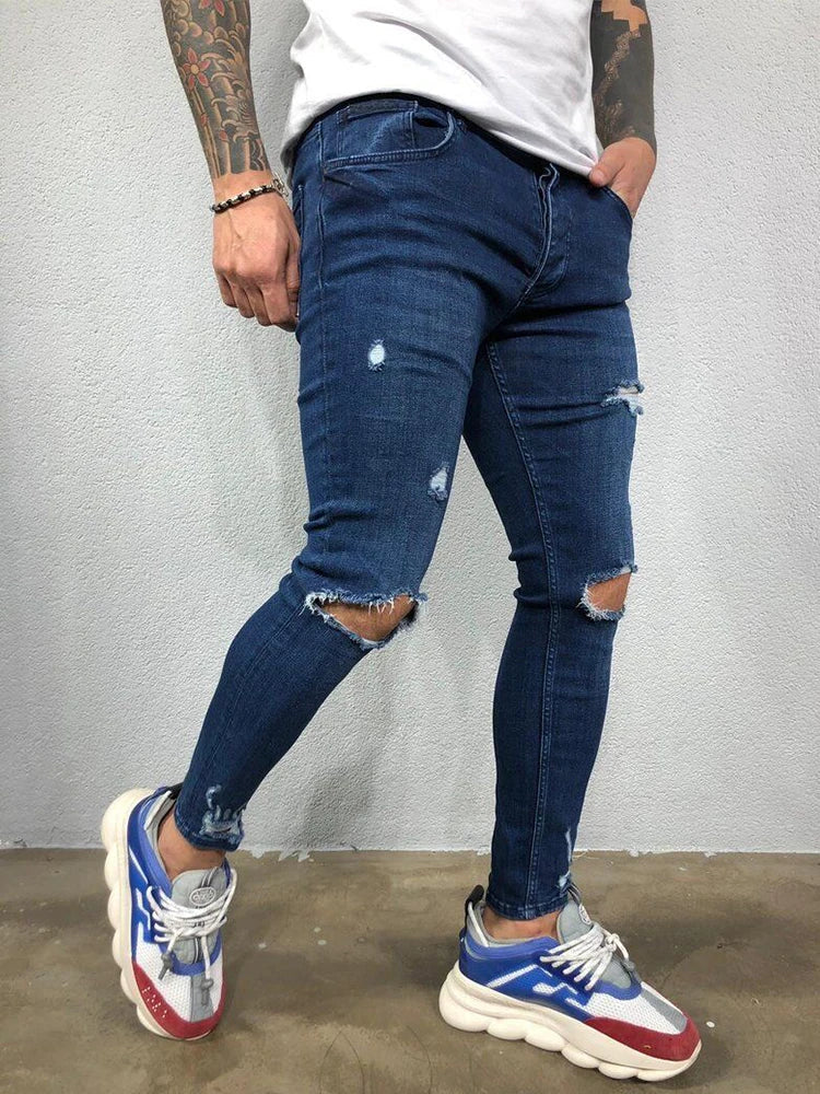 maoxiangshop Distressed Knee Holes Elastic Skinny Jeans Men Ripped Biker Denim Pants Solid Washed Streetwear Black Pantalones Hombre Joggers