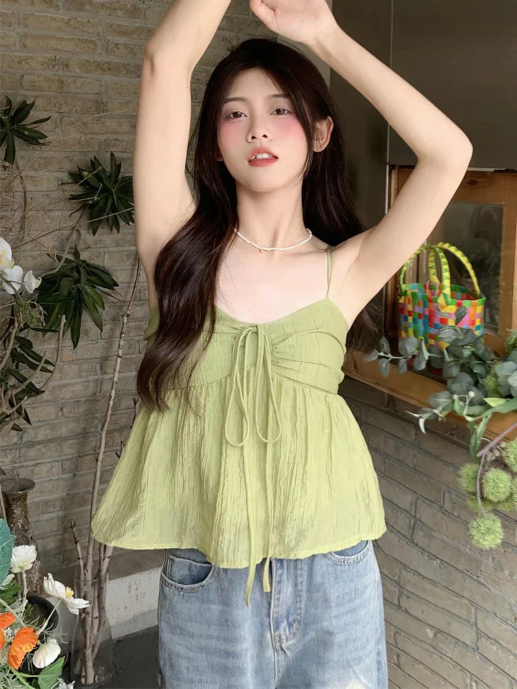 maoxiangshop-Korean Sweet Cami Top Bowknot Lace-Up Sleeveless T-Shirt Elegant Youth Clothes Women Fashion Off Shoulder