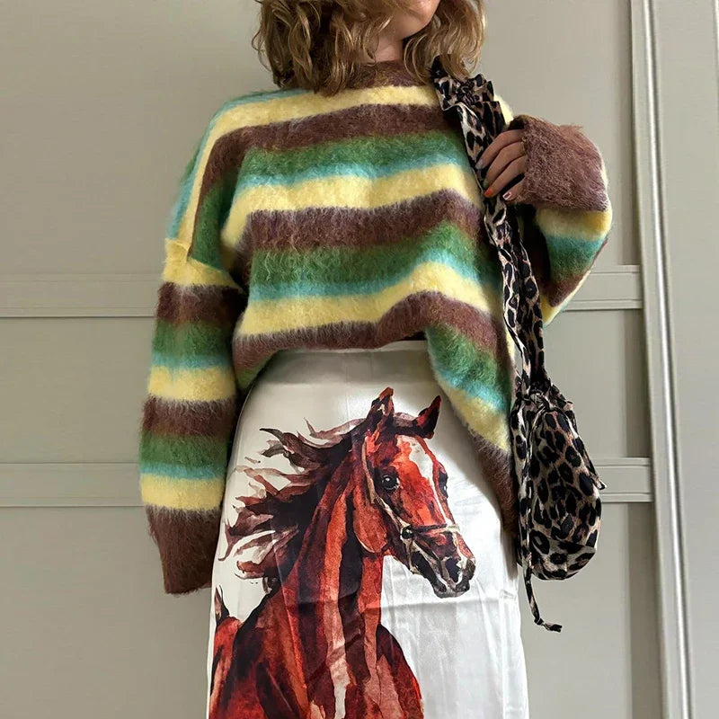maoxiangshop - Casual Striped Mohair Sweater Women Loose Contrast O-neck Long Sleeve Pullovers 2024 Autumn Winter Lady Street Outwear