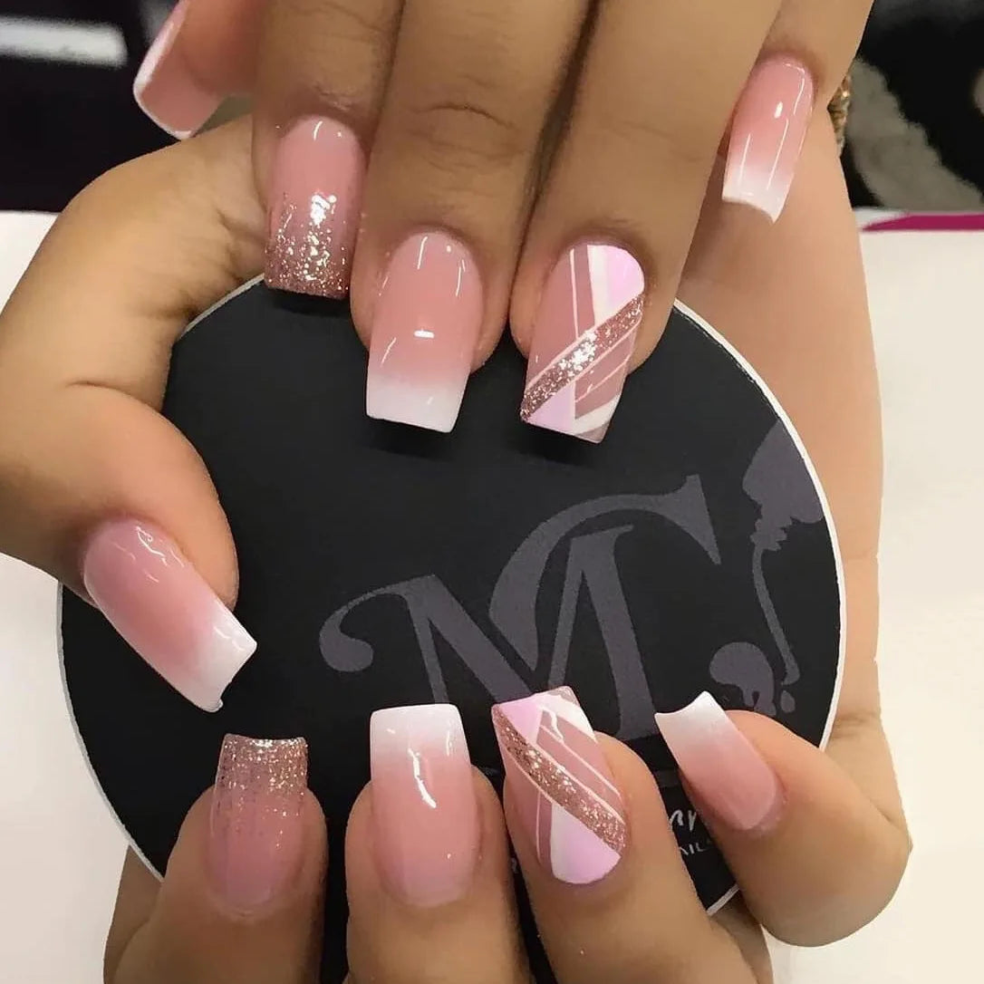 maoxiangshop 24Pcs Long Square Head False Nails with Gold Foil Design Wearable Black French Fake Nail Glitter Coffin Full Cover Press on Nail