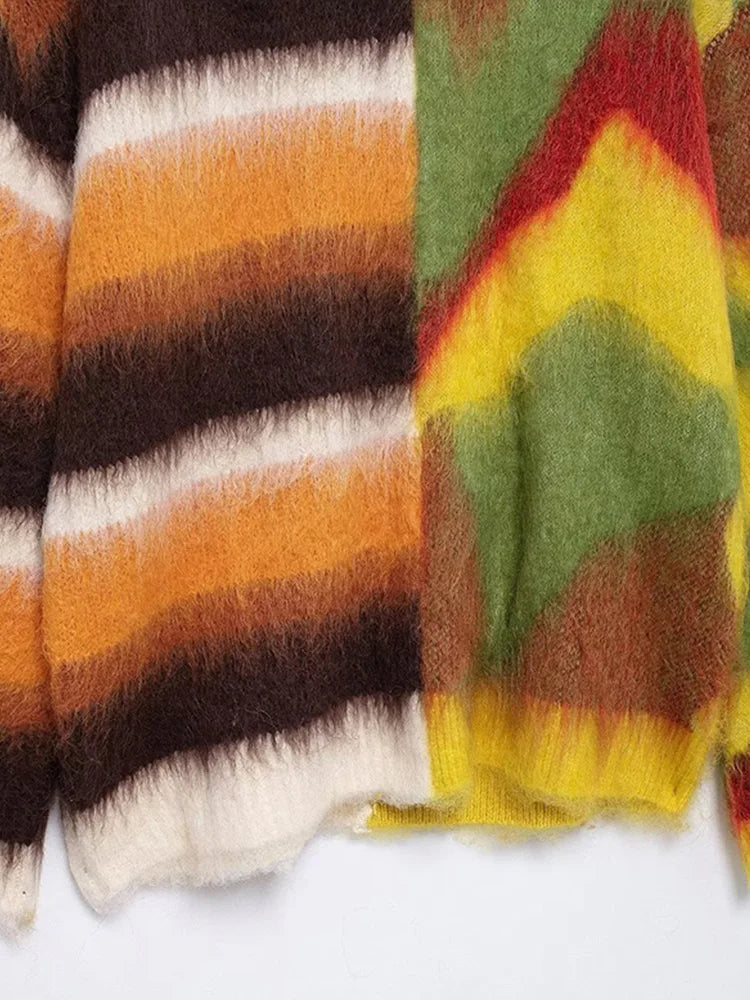 maoxiangshop - Mohair Rainbow Color Knitted Sweater Women Striped Chic Loose O-neck Warm Pullover 2024 Autumn Long Sleeve Street Jumper Tops