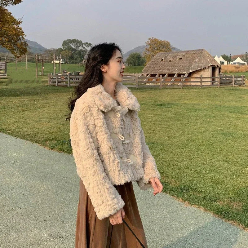 Korean Patchwork Lamb Wool Outerwear Women Autumn Winter Gentle Wind Horn Buckle Faux Fur Jacket Female Plush Loose Tops